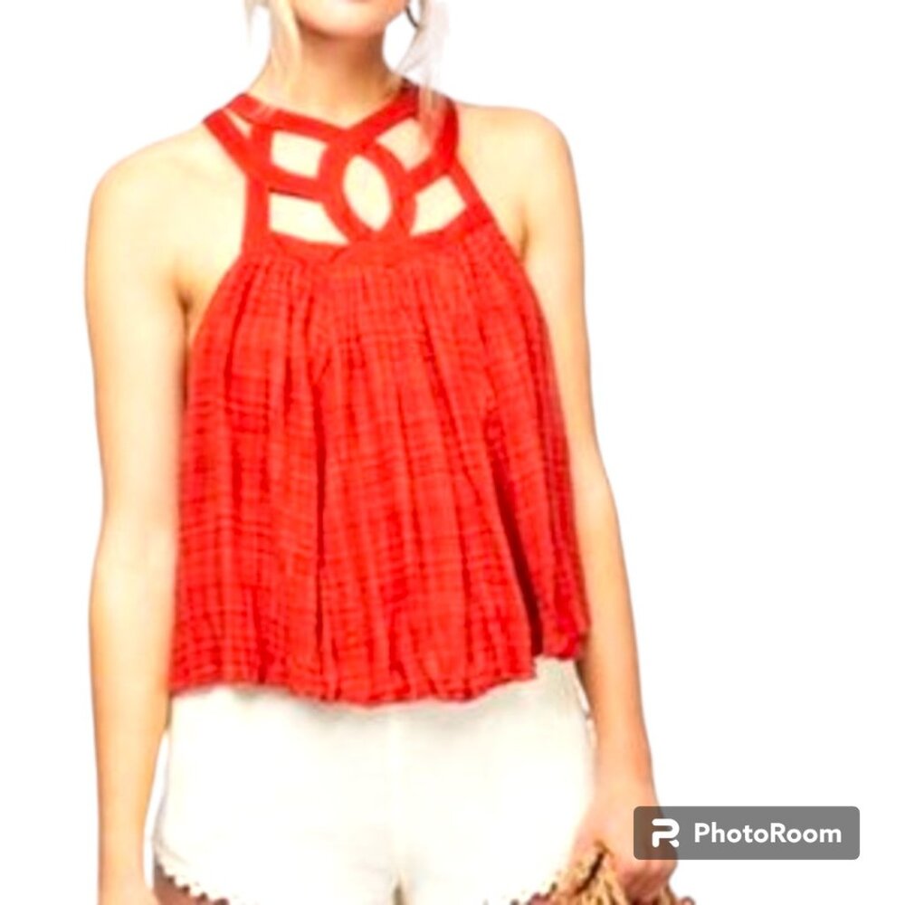 Free People One Orange Geo Blouson Top XS VGUC